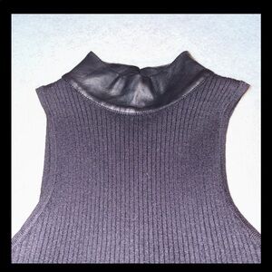 Von Maur Audele Black Ribbed Knit Tank Top Faux Leather Collar Size Small